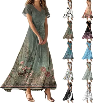 Maxi Dresses for Women 2025 Short Sleeve Summer Dress Casual V Neck Spring Fashion Sundress Floral Long Dress