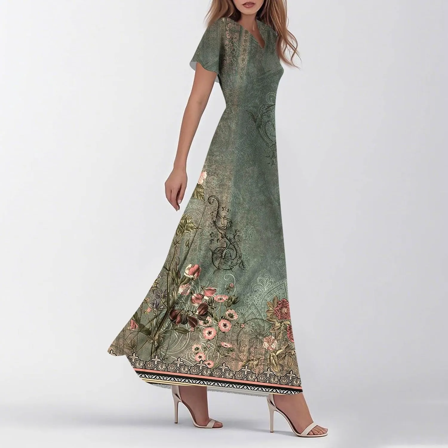 Maxi Dresses for Women 2025 Short Sleeve Summer Dress Casual V Neck Spring Fashion Sundress Floral Long Dress