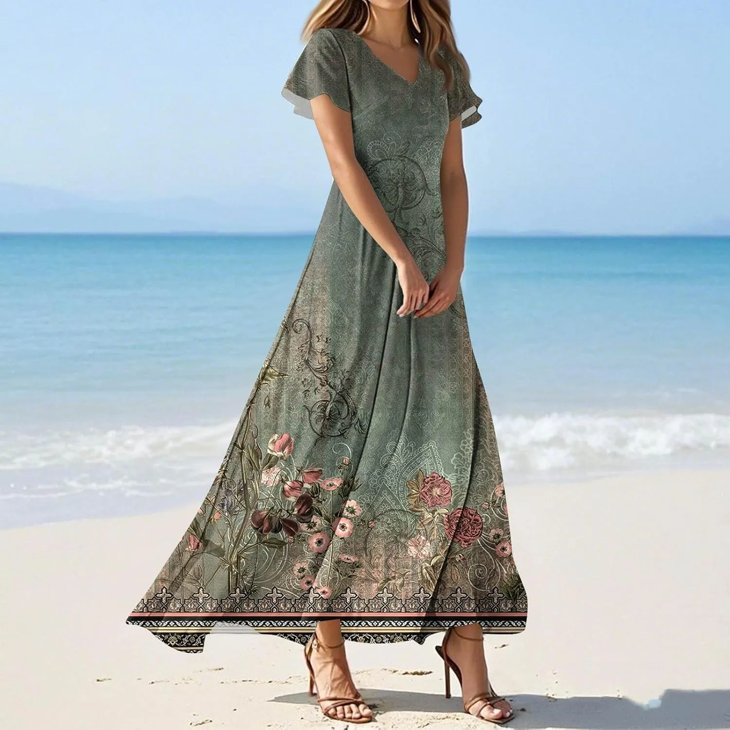 Maxi Dresses for Women 2025 Short Sleeve Summer Dress Casual V Neck Spring Fashion Sundress Floral Long Dress