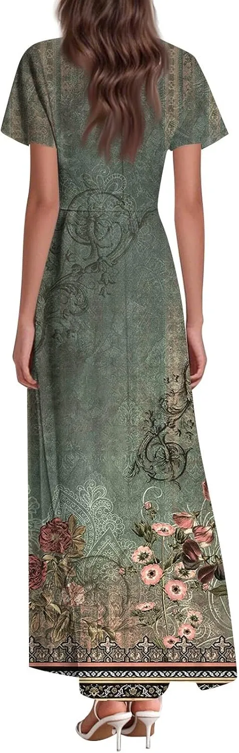 Maxi Dresses for Women 2025 Short Sleeve Summer Dress Casual V Neck Spring Fashion Sundress Floral Long Dress