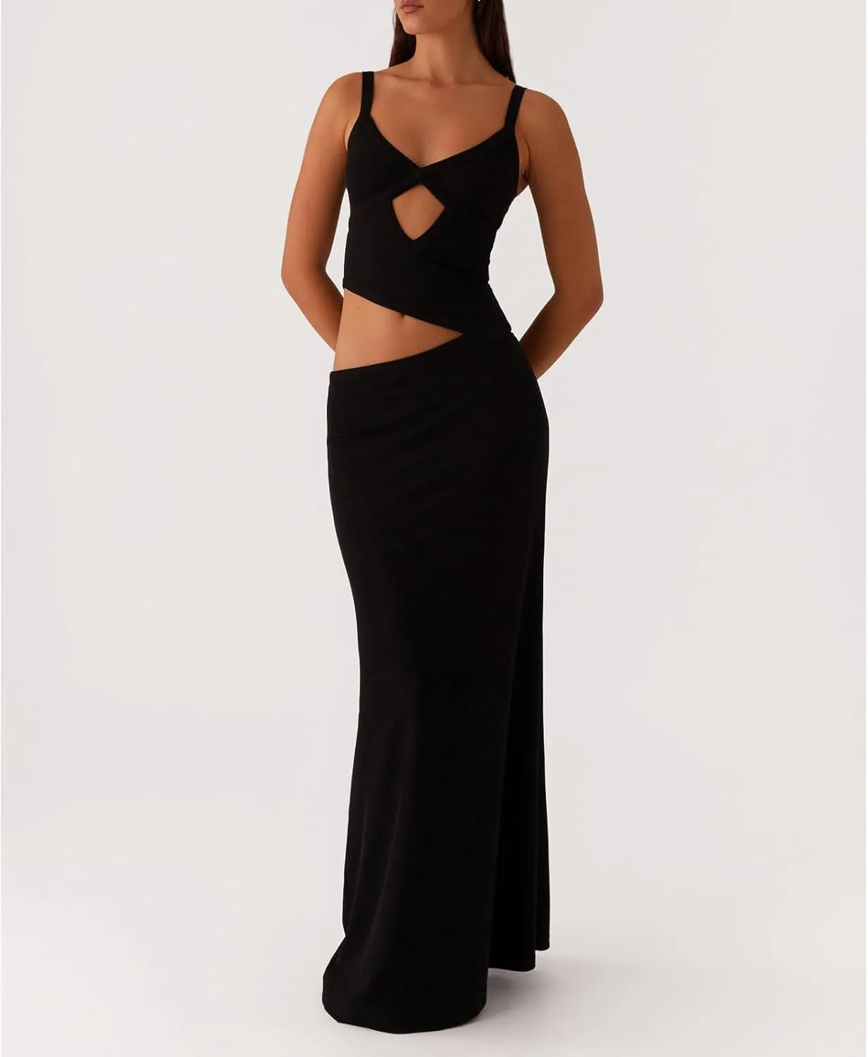 Meiweileya Cut Out Maxi Dresses for Women 2025 Sexy Hollow Out Spaghetti Strap Backless Long Bodycon Dress Going Out Dress