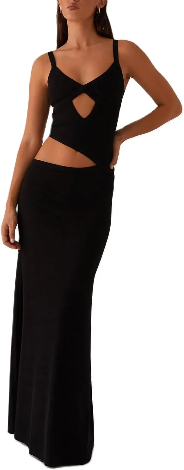Meiweileya Cut Out Maxi Dresses for Women 2025 Sexy Hollow Out Spaghetti Strap Backless Long Bodycon Dress Going Out Dress