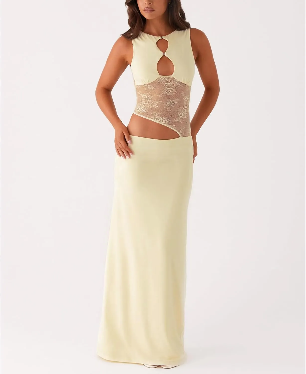 Meiweileya Cut Out Maxi Dresses for Women 2025 Sexy Hollow Out Spaghetti Strap Backless Long Bodycon Dress Going Out Dress