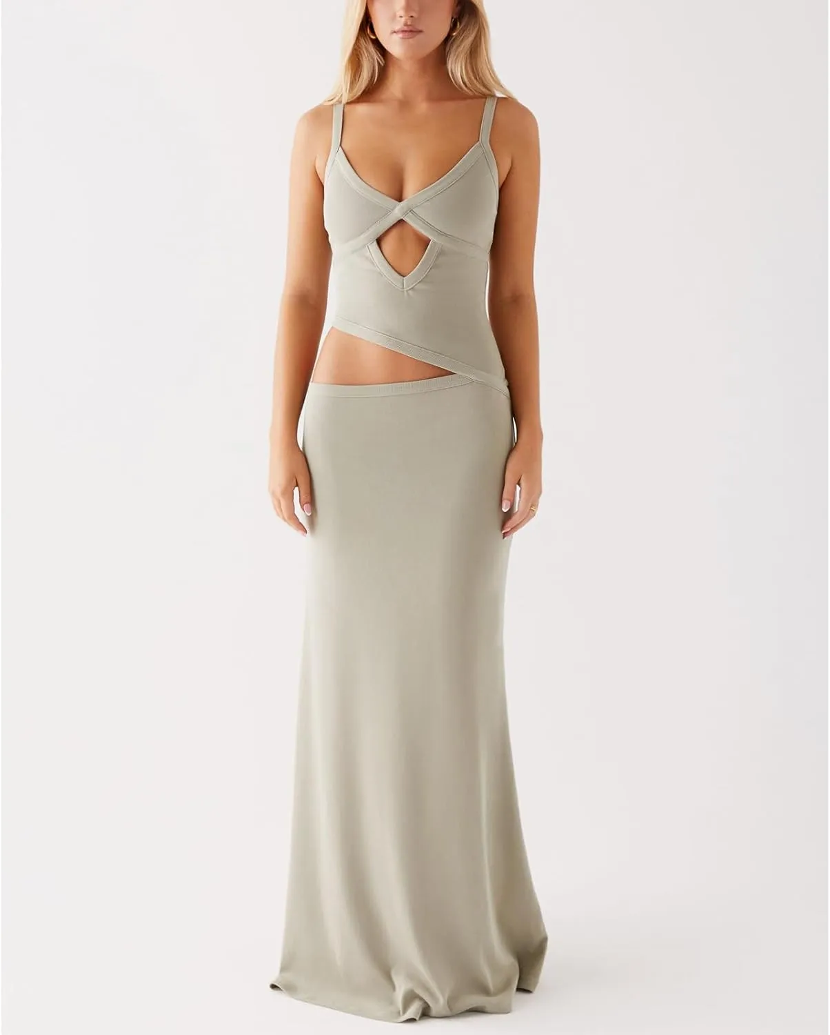 Meiweileya Cut Out Maxi Dresses for Women 2025 Sexy Hollow Out Spaghetti Strap Backless Long Bodycon Dress Going Out Dress