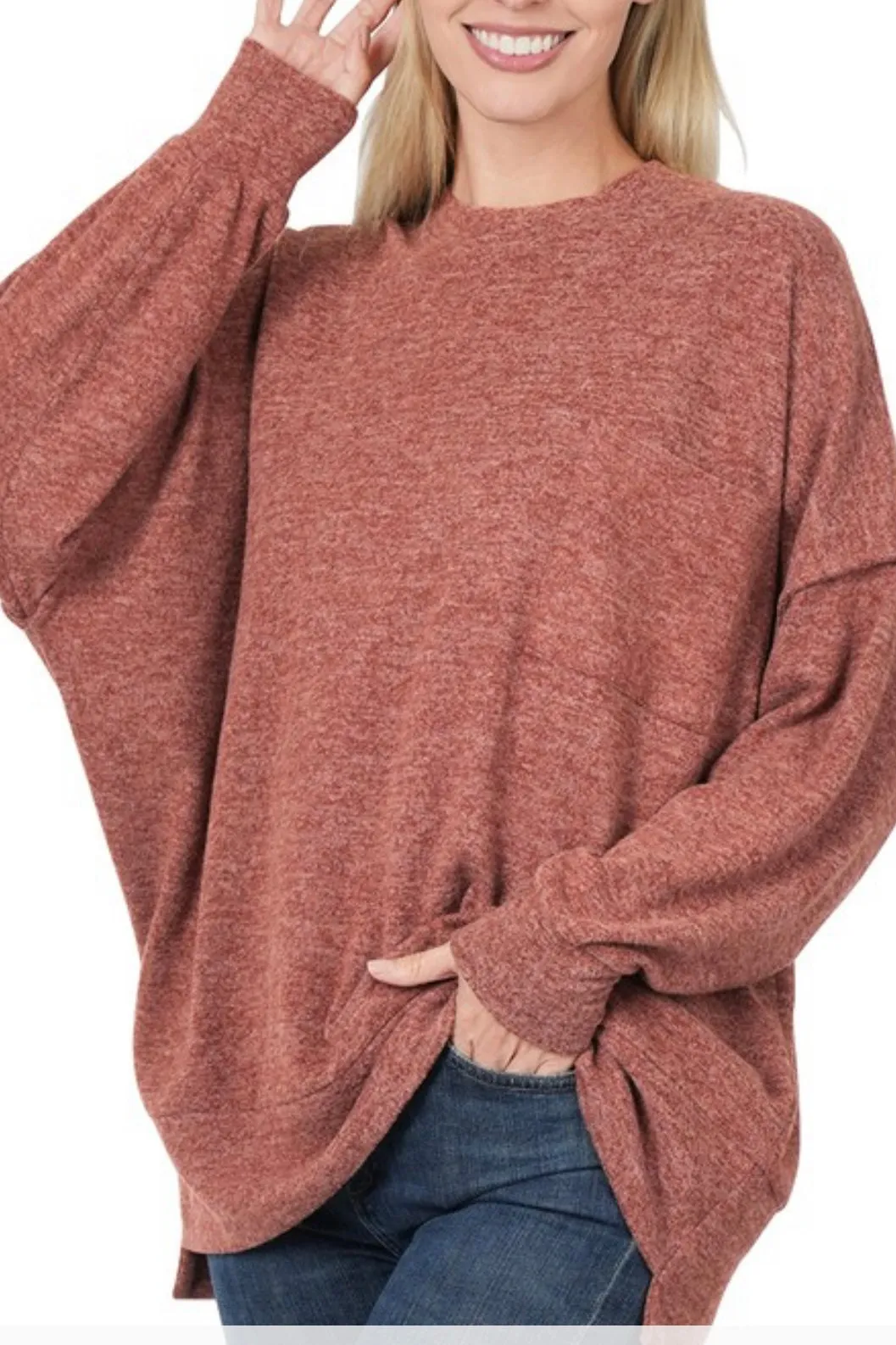 MELANGE DROPPED SHOULDER CREW NECK OVERSIZED SWEATER