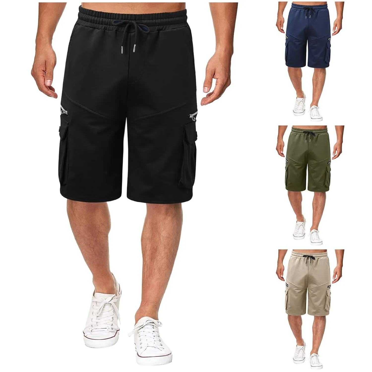 Men Cargo Shorts Elastic Waist Solid Color Cargo Shorts Relaxed Fit Casual Cargo Shorts with Zip Pocket (Medium,Black)