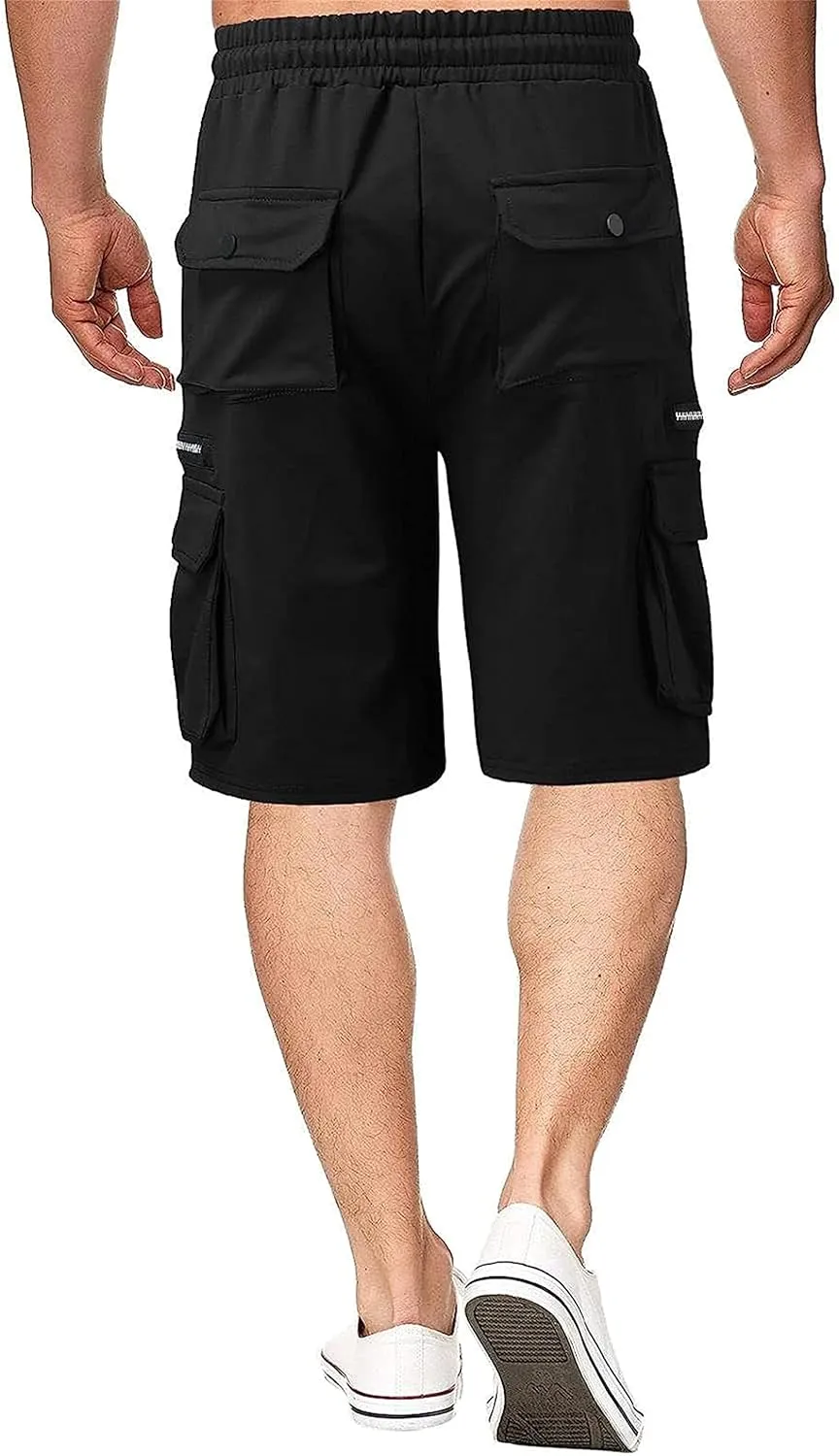 Men Cargo Shorts Elastic Waist Solid Color Cargo Shorts Relaxed Fit Casual Cargo Shorts with Zip Pocket (Medium,Black)