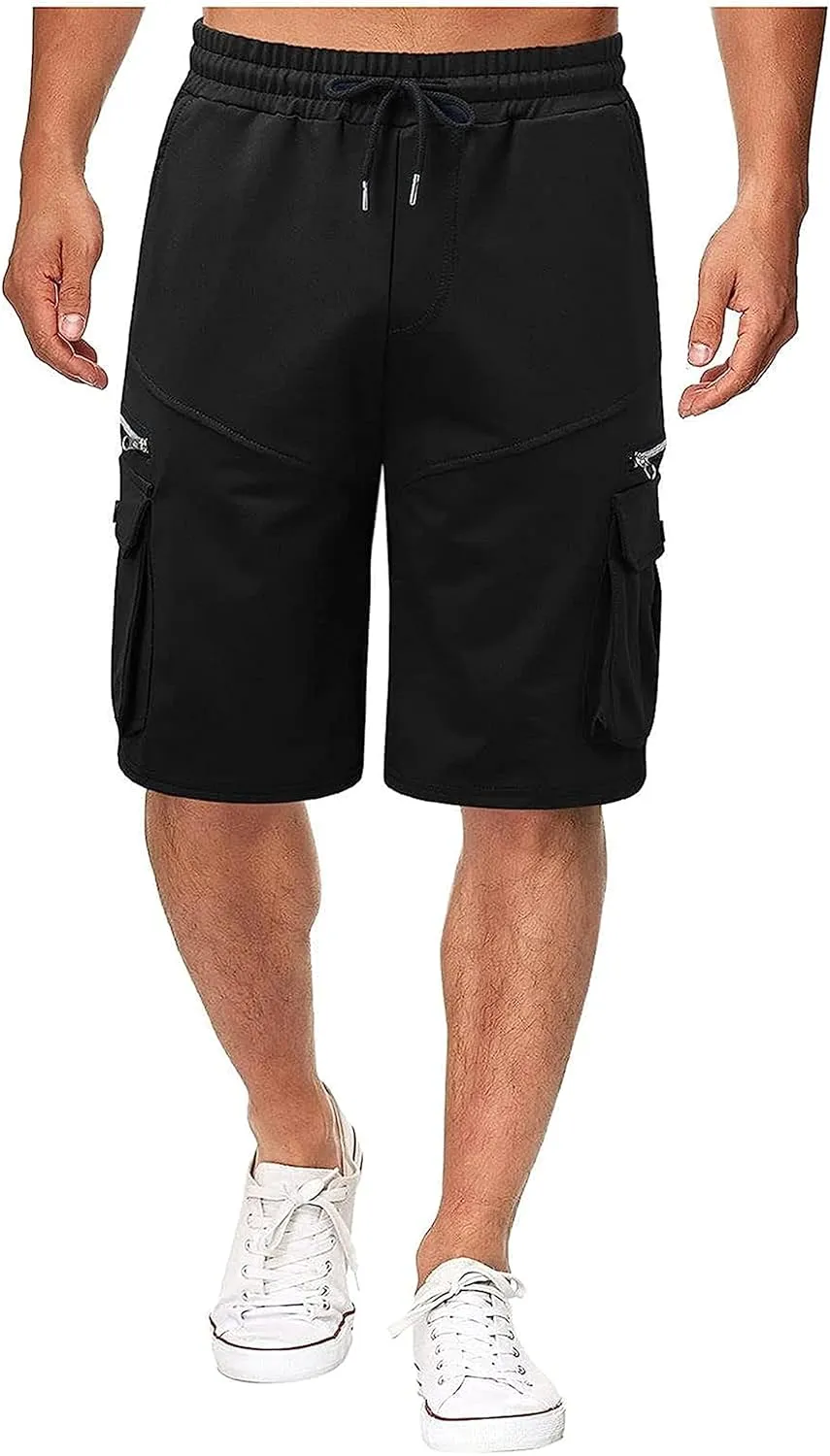 Men Cargo Shorts Elastic Waist Solid Color Cargo Shorts Relaxed Fit Casual Cargo Shorts with Zip Pocket (Medium,Black)