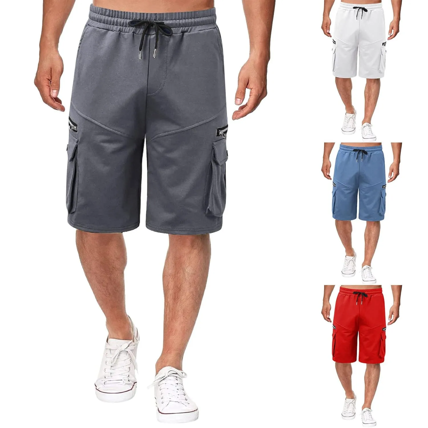 Men Cargo Shorts Elastic Waist Solid Color Cargo Shorts Relaxed Fit Casual Cargo Shorts with Zip Pocket (Medium,Denim Blue)