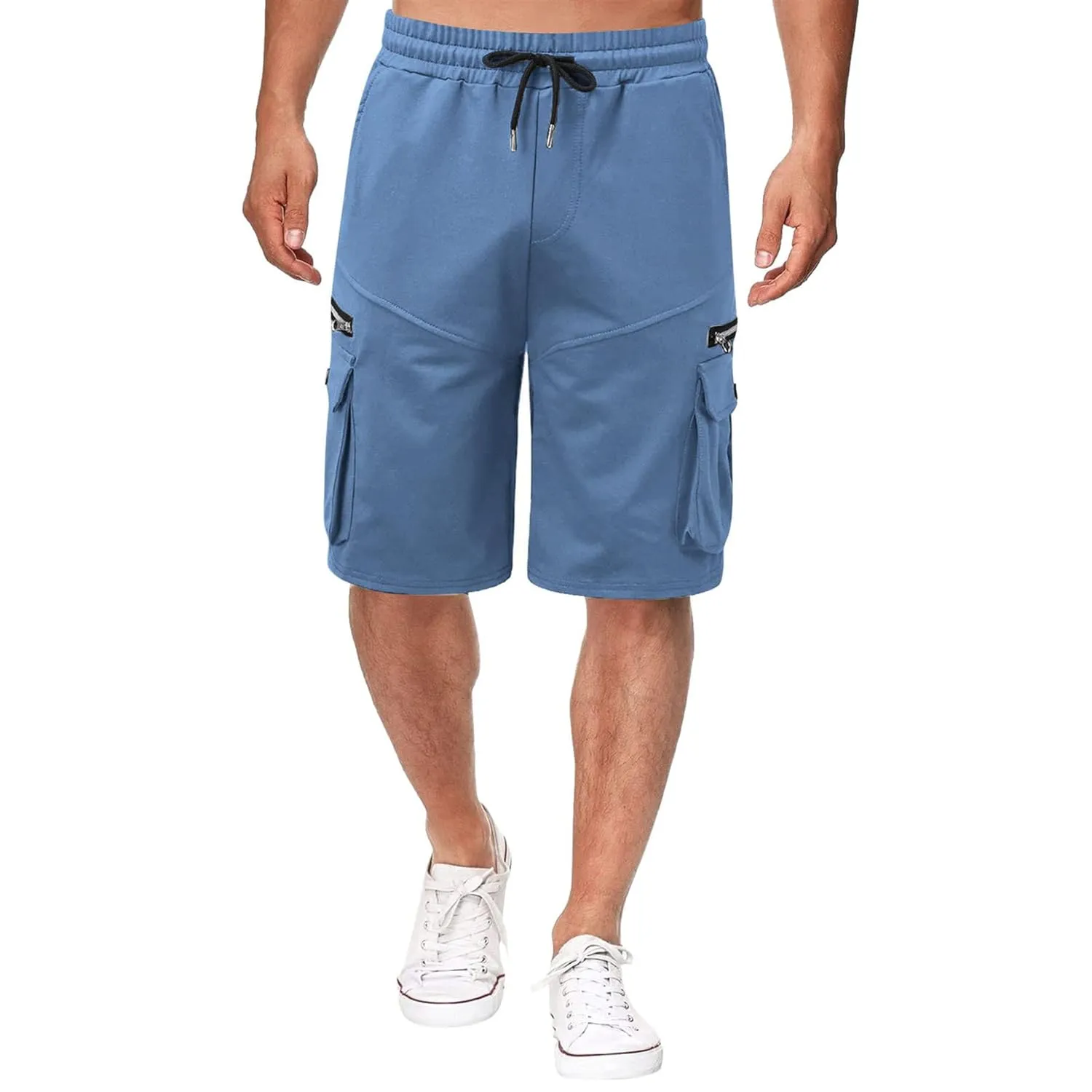 Men Cargo Shorts Elastic Waist Solid Color Cargo Shorts Relaxed Fit Casual Cargo Shorts with Zip Pocket (Medium,Denim Blue)