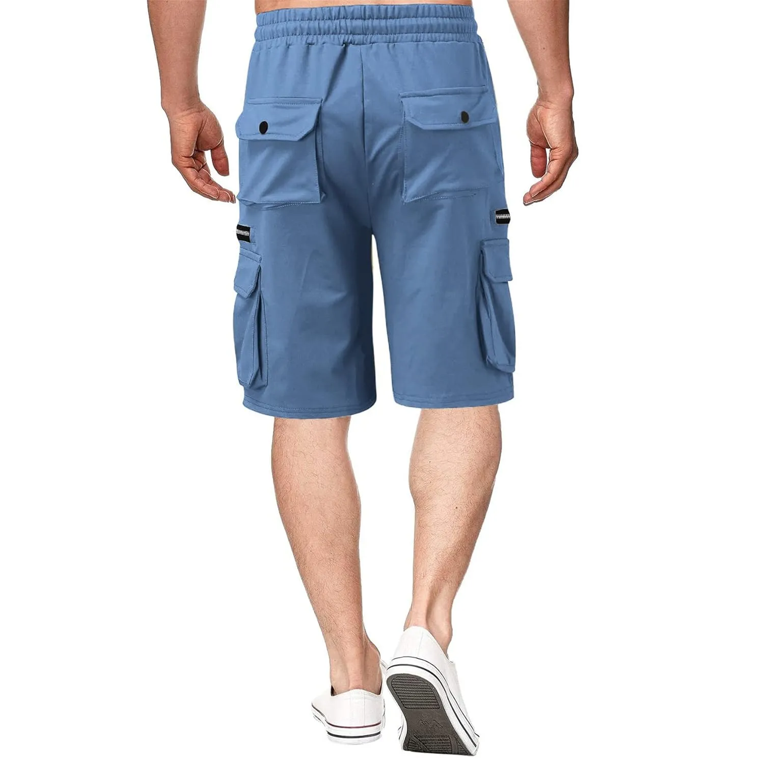 Men Cargo Shorts Elastic Waist Solid Color Cargo Shorts Relaxed Fit Casual Cargo Shorts with Zip Pocket (Medium,Denim Blue)