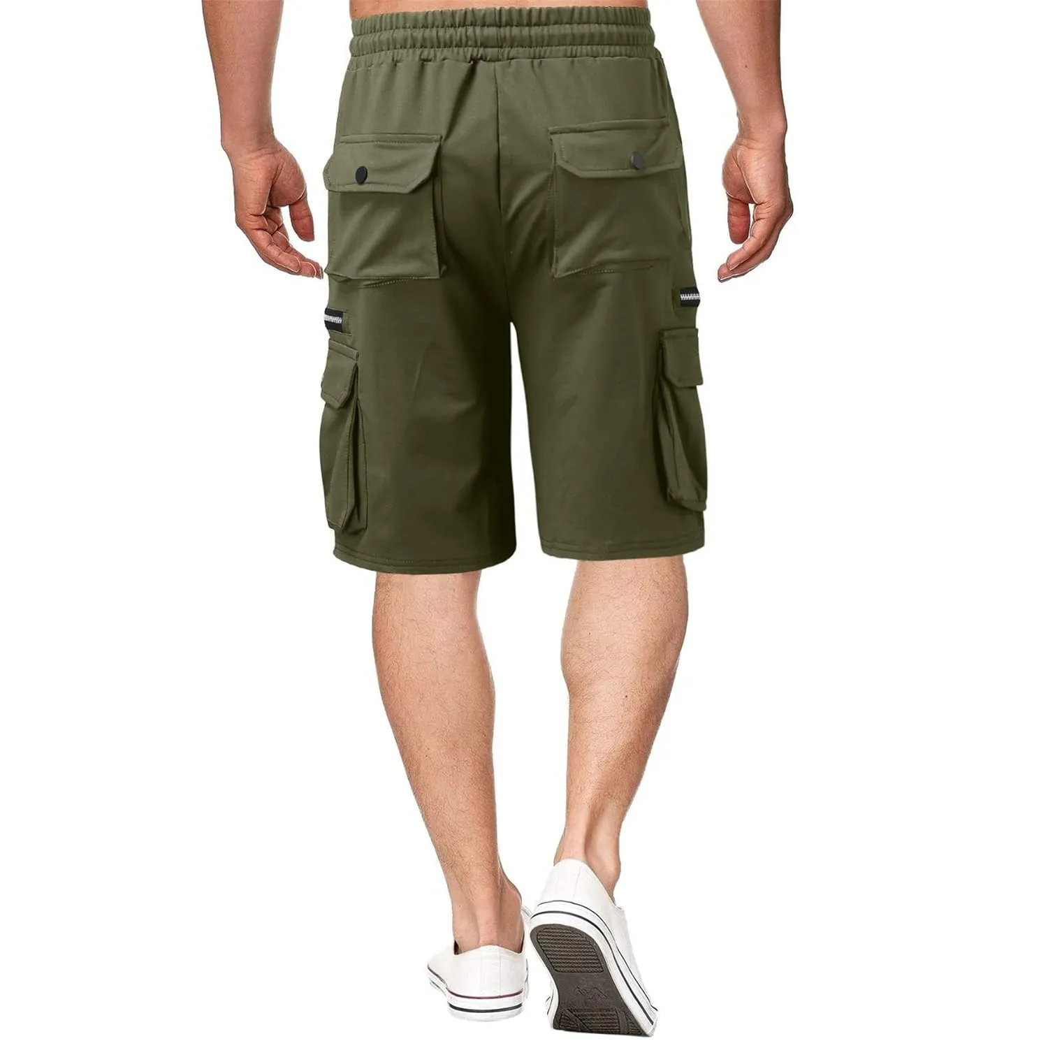 Men Cargo Shorts Elastic Waist Solid Color Cargo Shorts Relaxed Fit Casual Cargo Shorts with Zip Pocket (Medium,Green)