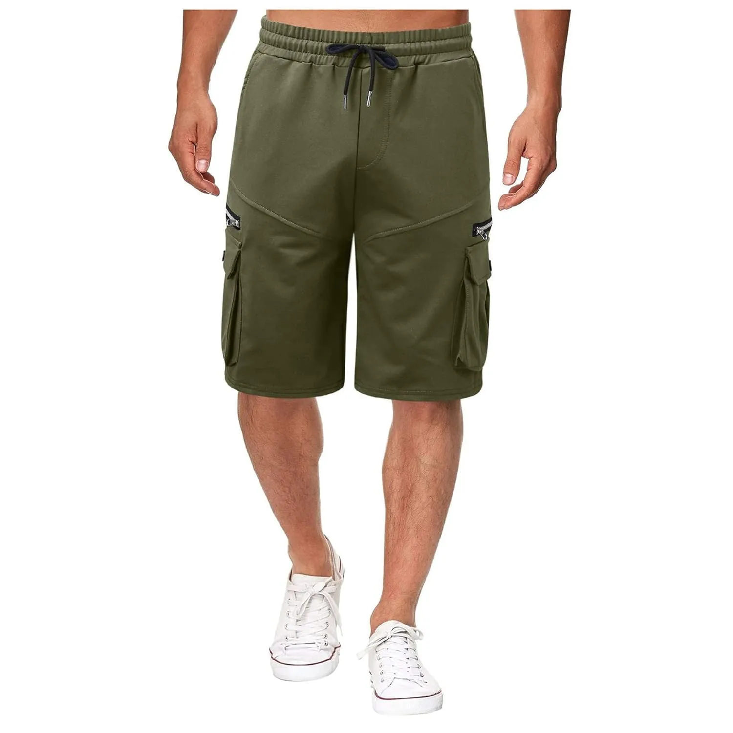 Men Cargo Shorts Elastic Waist Solid Color Cargo Shorts Relaxed Fit Casual Cargo Shorts with Zip Pocket (Medium,Green)