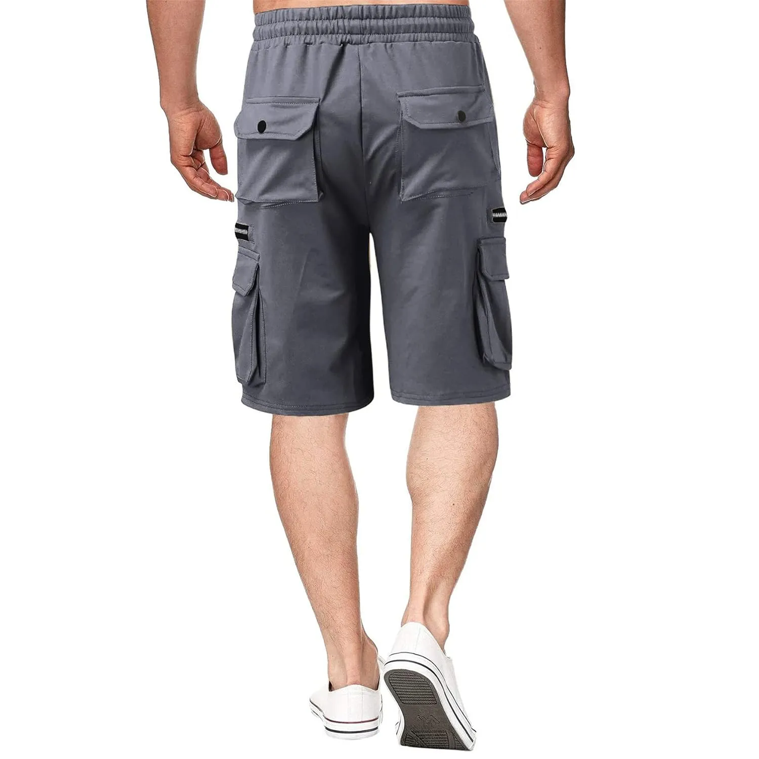 Men Cargo Shorts Elastic Waist Solid Color Cargo Shorts Relaxed Fit Casual Cargo Shorts with Zip Pocket (Medium,Grey)