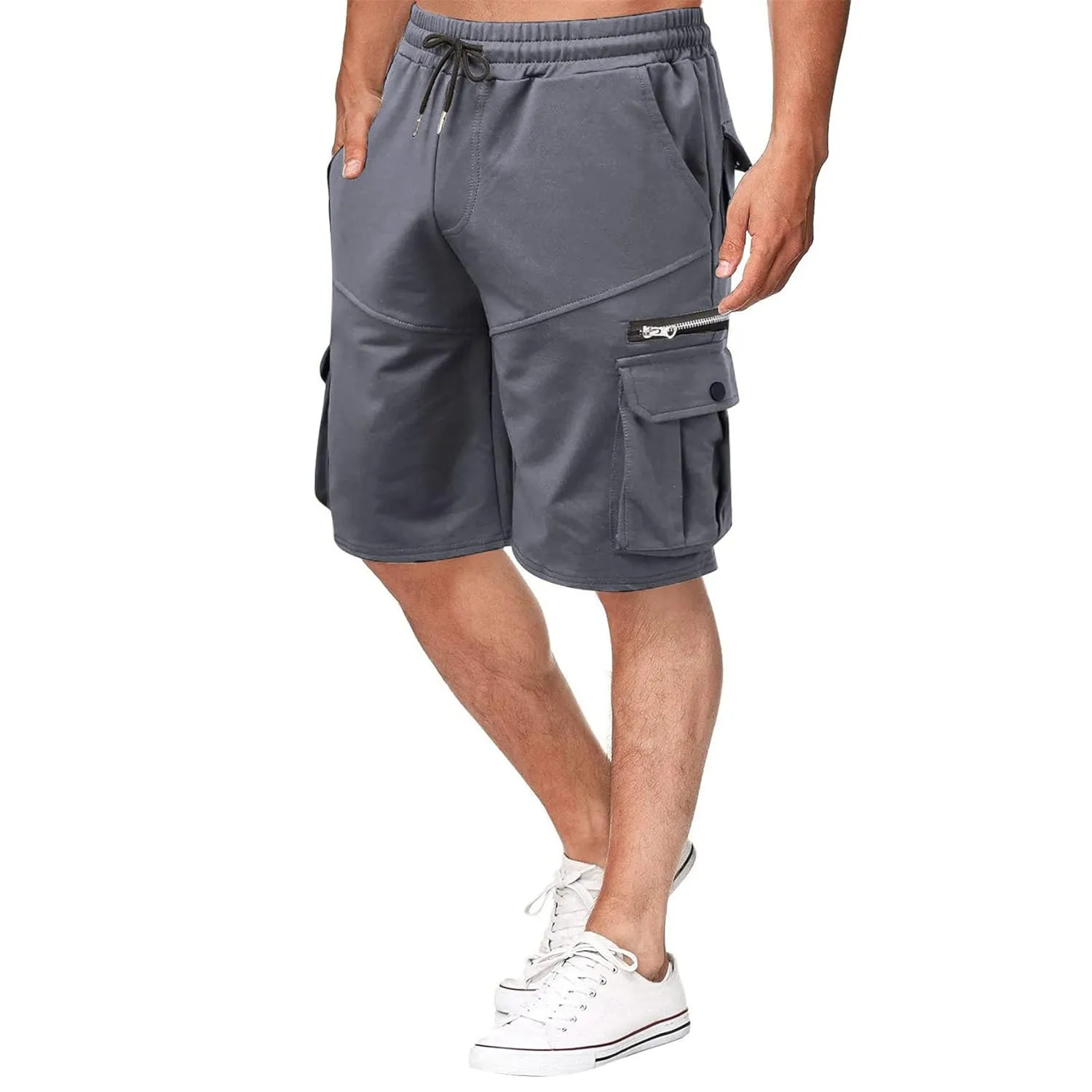 Men Cargo Shorts Elastic Waist Solid Color Cargo Shorts Relaxed Fit Casual Cargo Shorts with Zip Pocket (Medium,Grey)