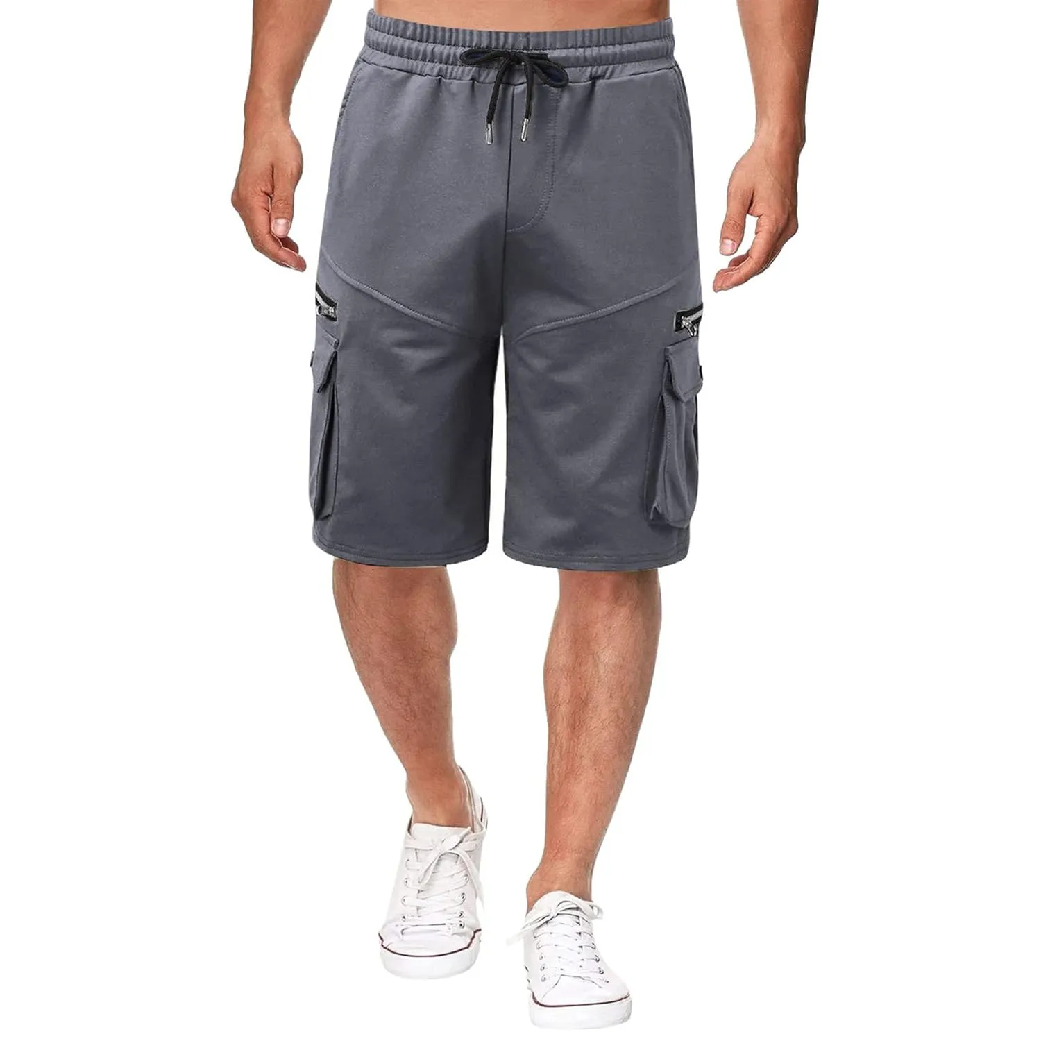 Men Cargo Shorts Elastic Waist Solid Color Cargo Shorts Relaxed Fit Casual Cargo Shorts with Zip Pocket (Medium,Grey)