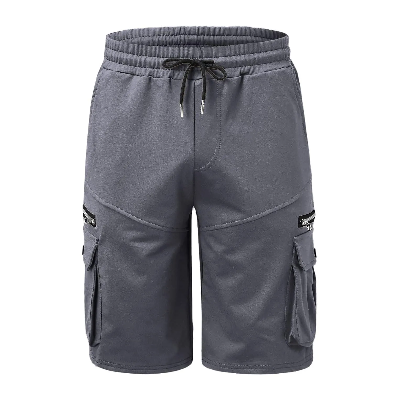 Men Cargo Shorts Elastic Waist Solid Color Cargo Shorts Relaxed Fit Casual Cargo Shorts with Zip Pocket (Medium,Grey)