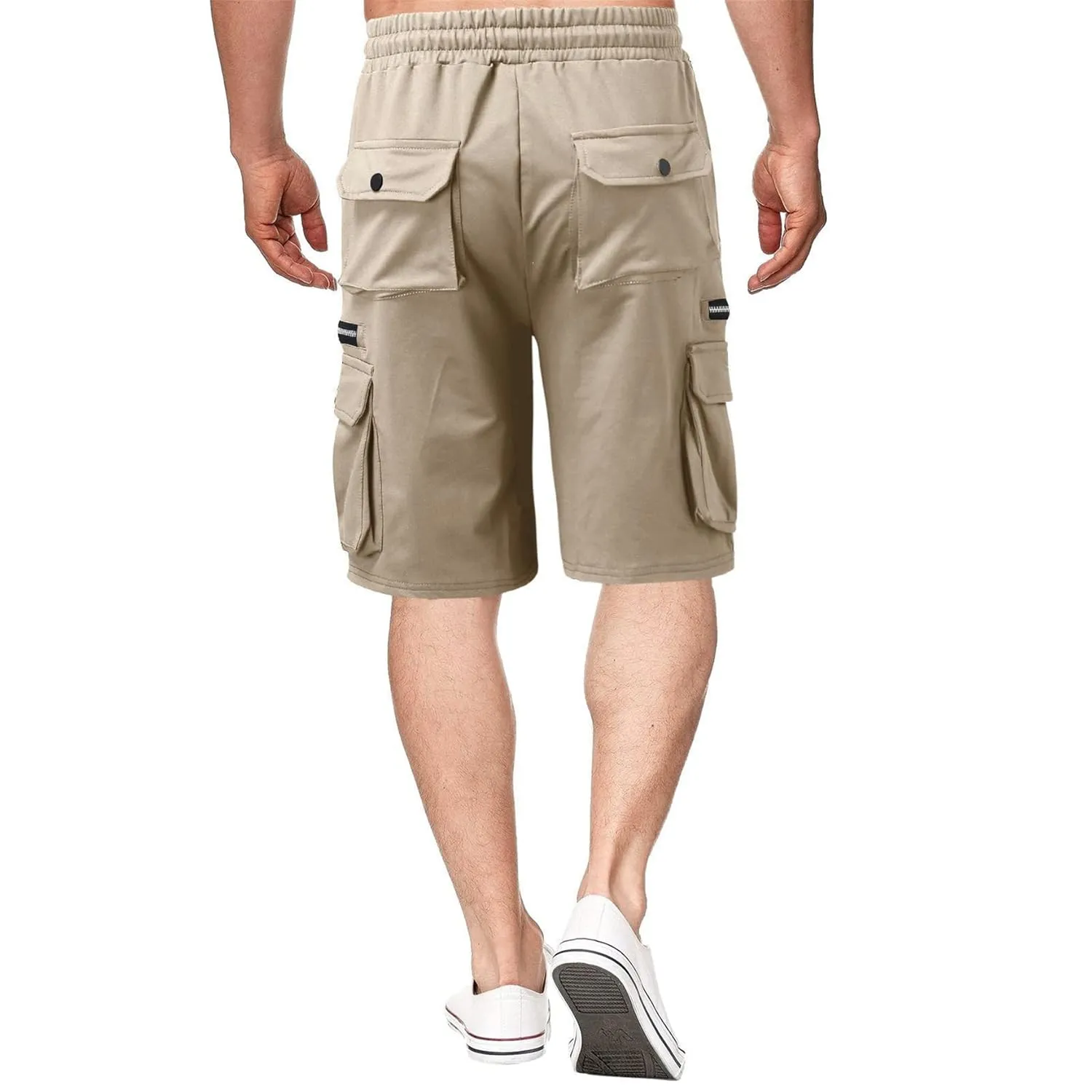 Men Cargo Shorts Elastic Waist Solid Color Cargo Shorts Relaxed Fit Casual Cargo Shorts with Zip Pocket (Medium,Khaki)