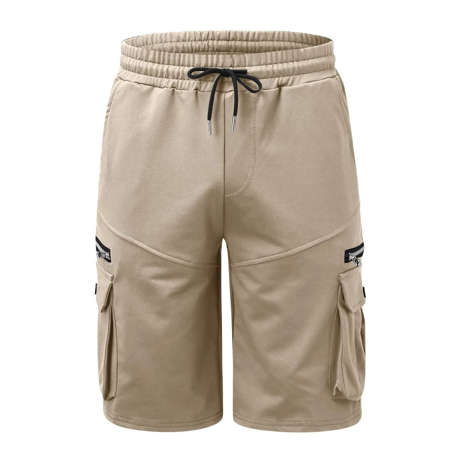 Men Cargo Shorts Elastic Waist Solid Color Cargo Shorts Relaxed Fit Casual Cargo Shorts with Zip Pocket (Medium,Khaki)