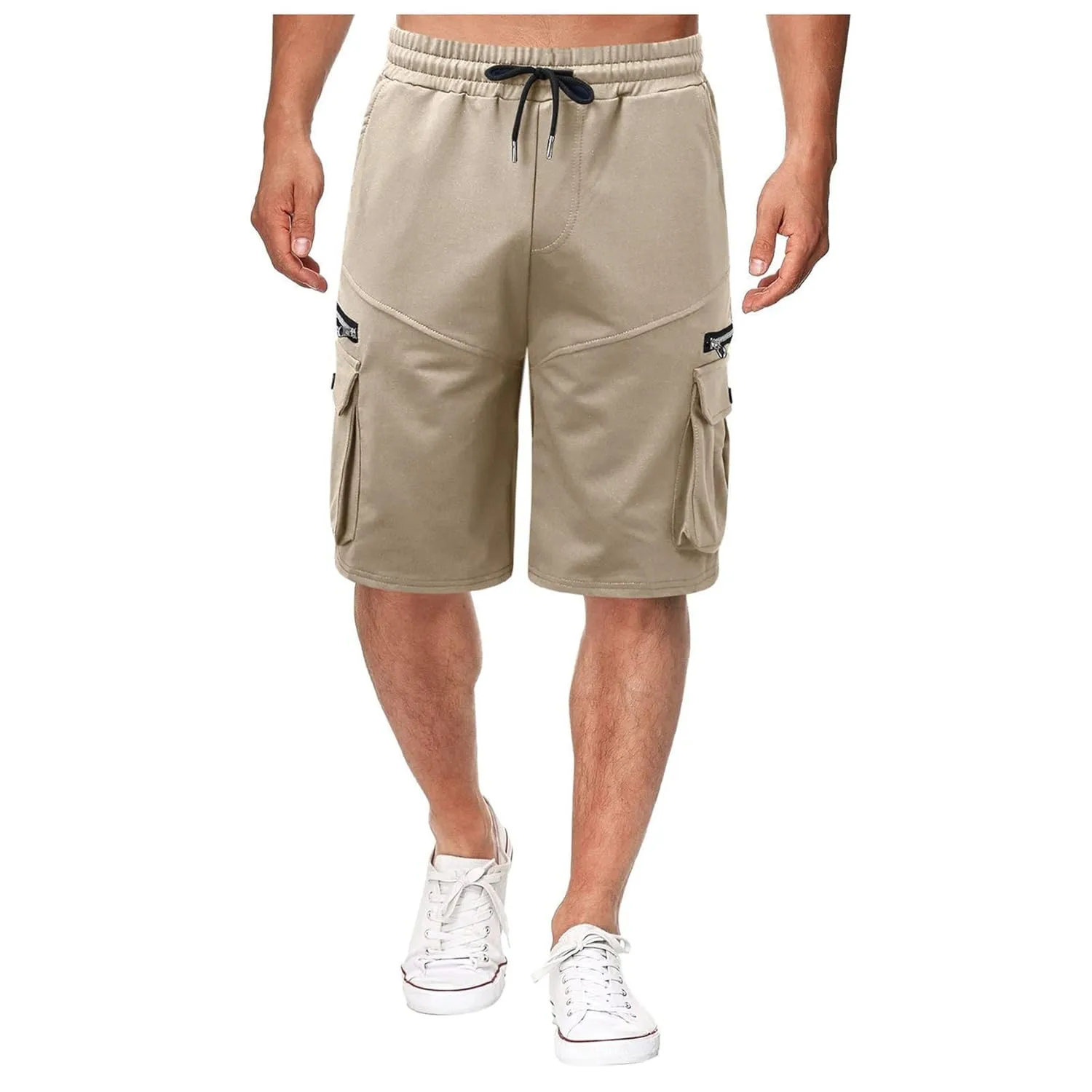 Men Cargo Shorts Elastic Waist Solid Color Cargo Shorts Relaxed Fit Casual Cargo Shorts with Zip Pocket (Medium,Khaki)