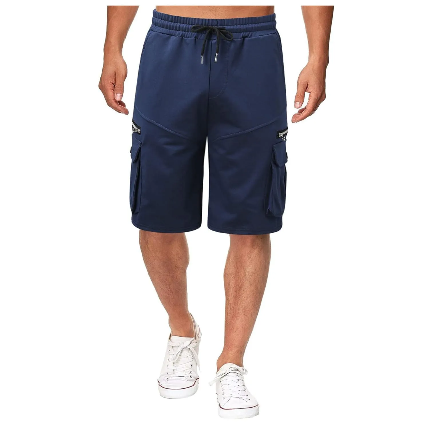 Men Cargo Shorts Elastic Waist Solid Color Cargo Shorts Relaxed Fit Casual Cargo Shorts with Zip Pocket (Medium,Navy Blue)