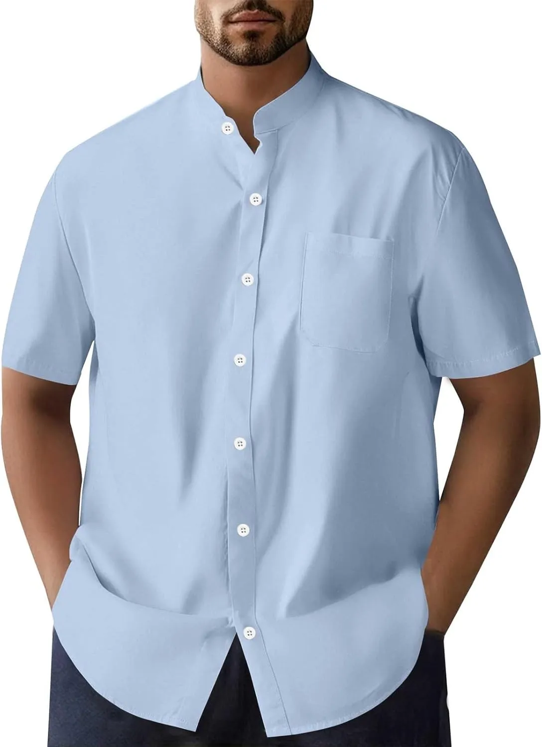 Men's Button Down Shirts Summer Casual Big and Tall Short Sleeve Beach Shirt Quick Dry Pocket Dress Chambray Blouse