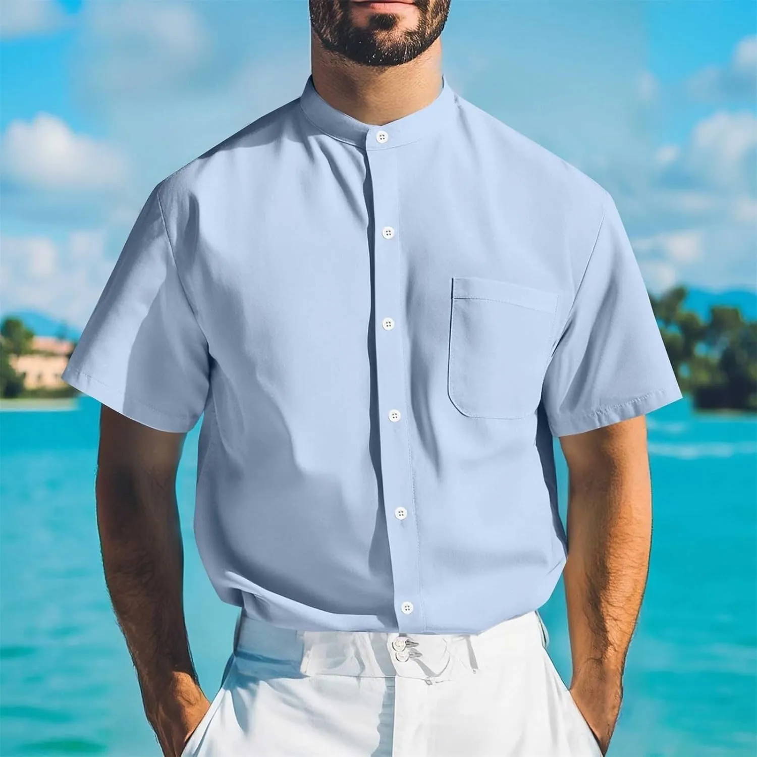Men's Button Down Shirts Summer Casual Big and Tall Short Sleeve Beach Shirt Quick Dry Pocket Dress Chambray Blouse
