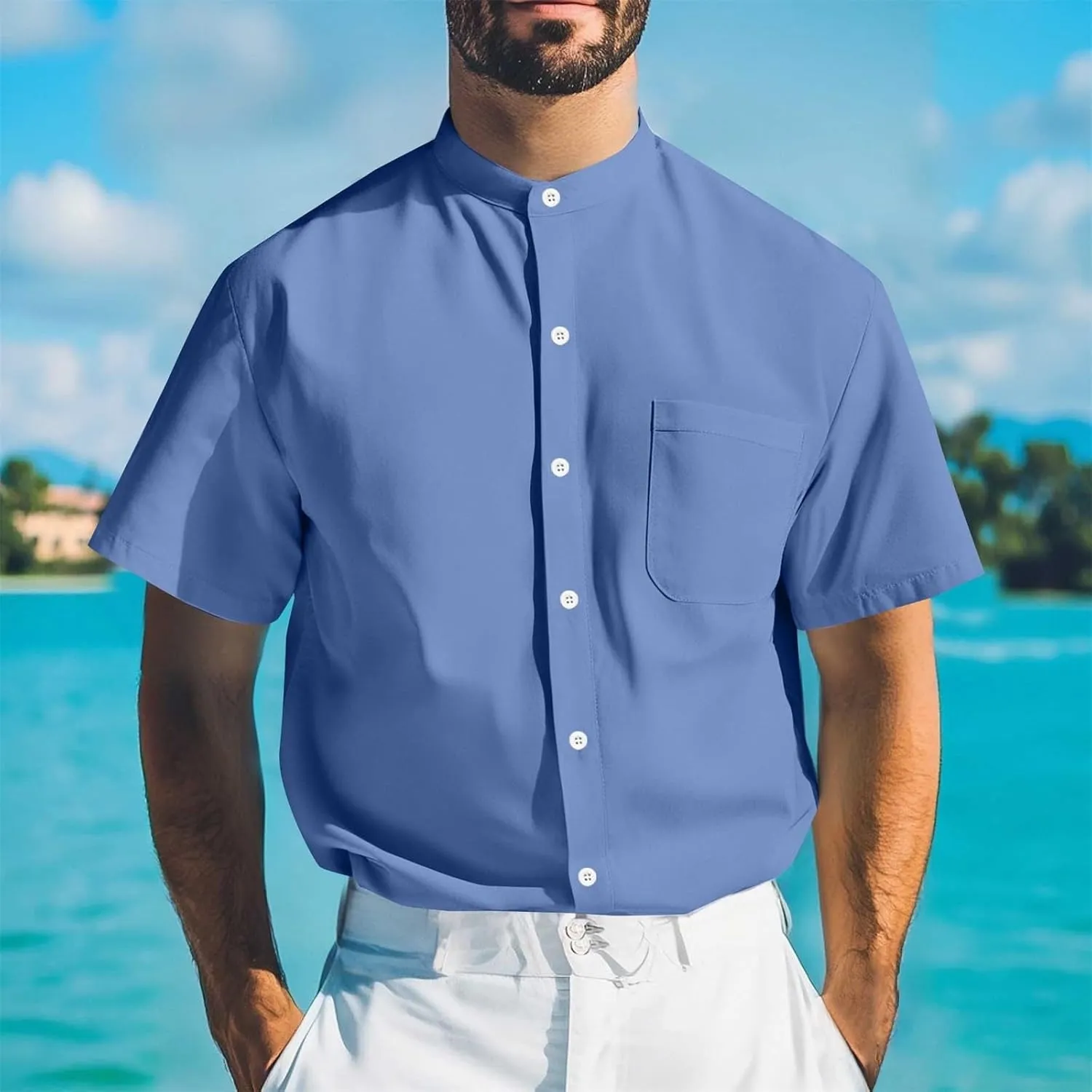 Men's Button Down Shirts Summer Casual Big and Tall Short Sleeve Beach Shirt Quick Dry Pocket Dress Chambray Blouse
