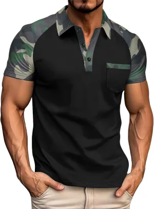 Men's Camo Raglan T-Shirts Summer Slim Muscle Fit Short Sleeve Tactical Shirts Athletic Quick Dry Collared Golf Shirt