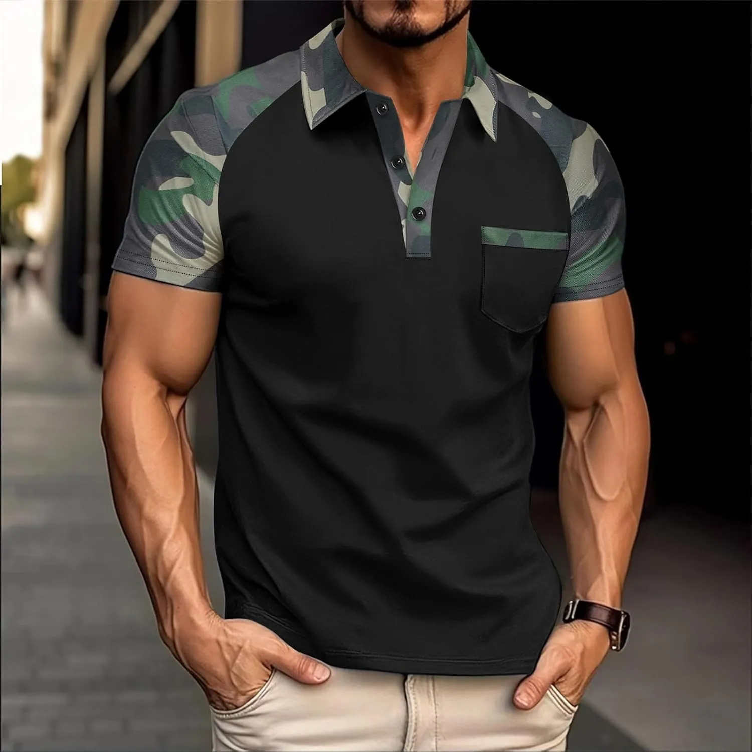 Men's Camo Raglan T-Shirts Summer Slim Muscle Fit Short Sleeve Tactical Shirts Athletic Quick Dry Collared Golf Shirt