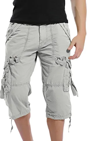 Mens Cargo Shorts Capri Twill Below Knee Relaxed Fit Outdoor Hiking Pants Straight Leg Long Shorts with Multi Pockets White 36