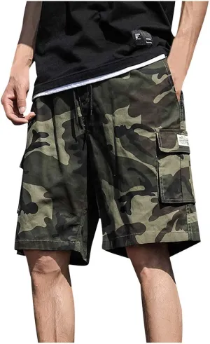Mens Cargo Shorts Elastic Waist Cargo Shorts Relaxed Fit Multi Pockets Stretch Cotton Camo Cargo Shorts for Men