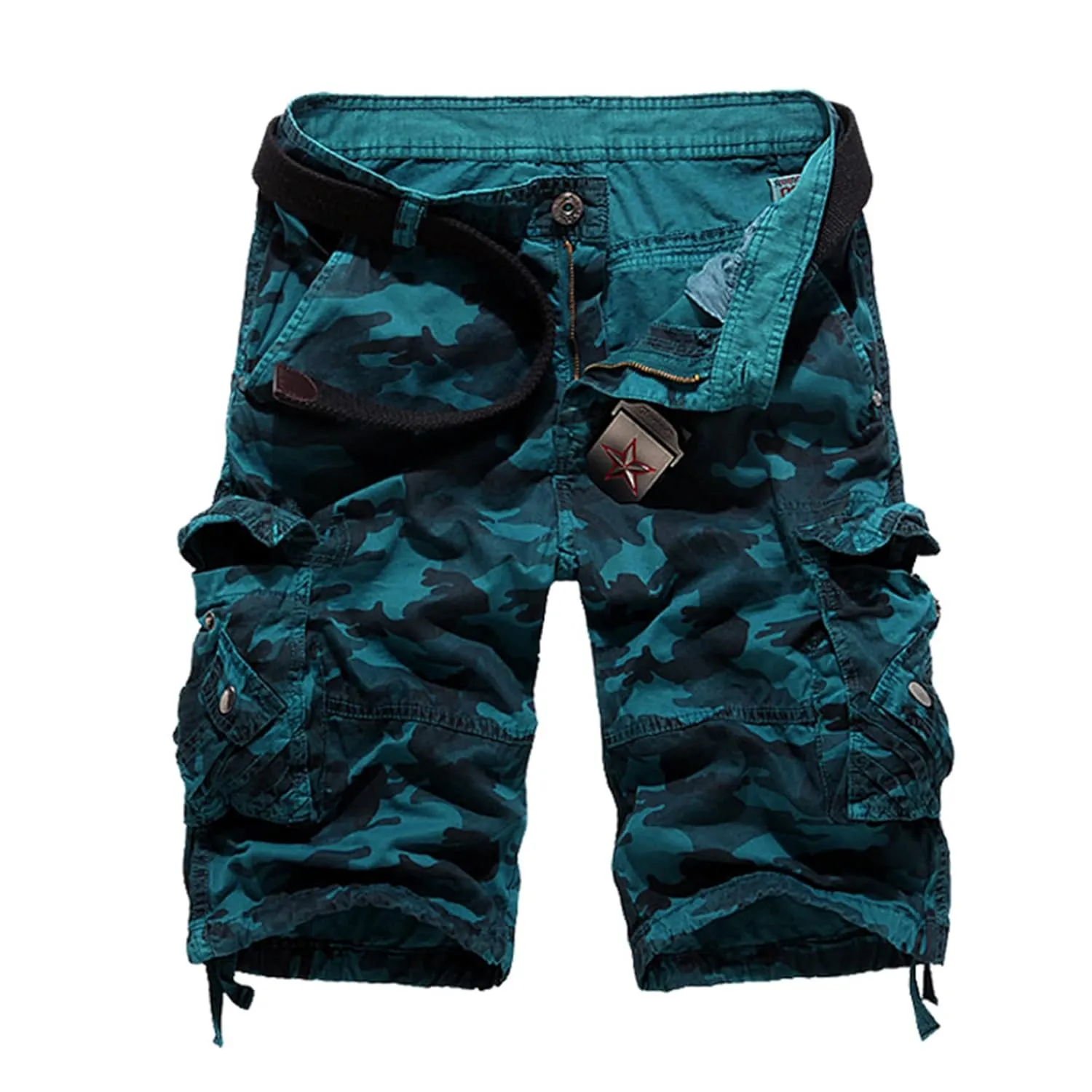 Men's Cargo Shorts Relaxed Fit Camo Short Outdoor Lightweight Multi-Pocket Cotton Casual Shorts with No Belt (32,Blue Camo)
