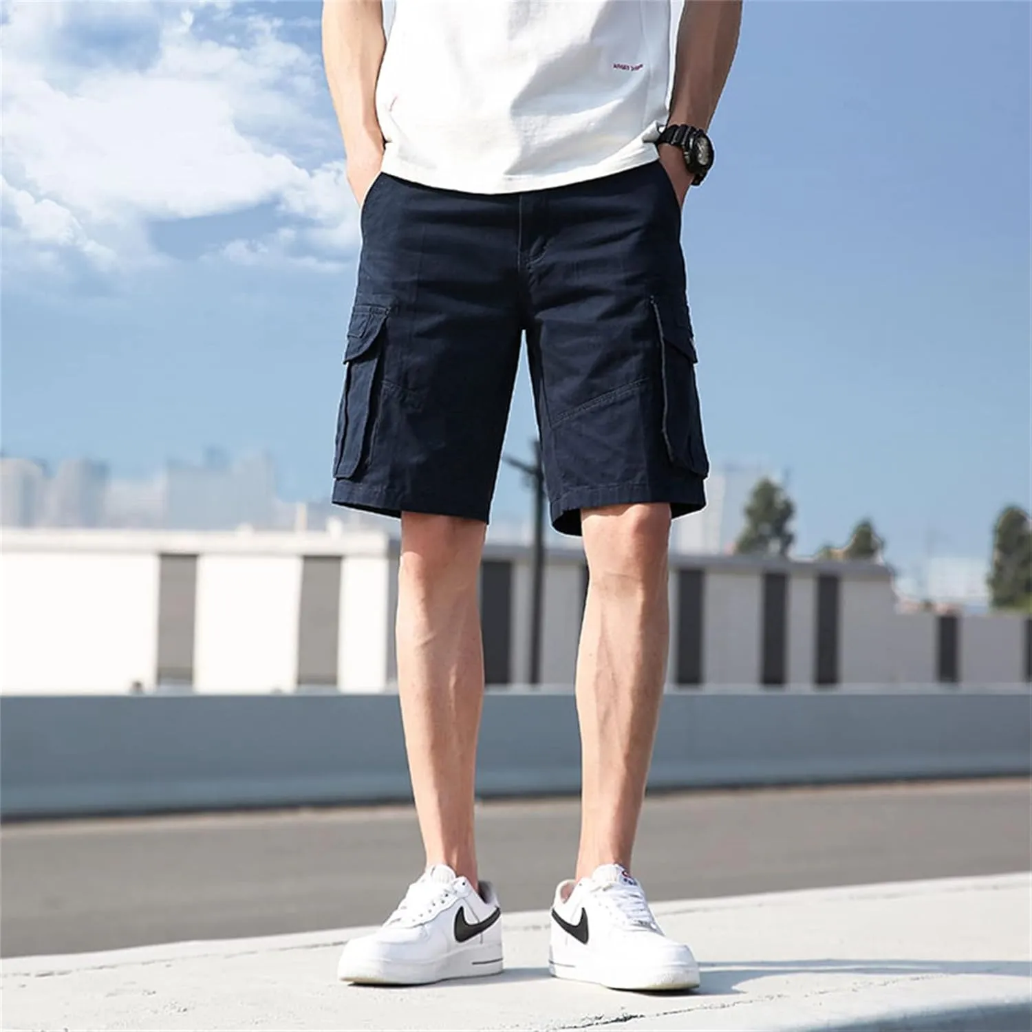 Men's Classic Stretch Cargo Short Relaxed Fit Outdoor Cotton Shorts Lightweight Multi Pocket Casual Twill Cargo Shorts (36,Dark Blue)