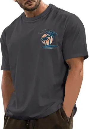 Men's Cotton Blend Shirts Graphic Print T-Shirt Crewneck Summer Hawaiian Tee Lightweight Fitted Short Sleeve Top