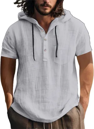 Men's Cotton Linen Hoodies Shirts Short Sleeve Casual Lace Up Hooded Shirt Breathable Quick Dry Beach Hippie Tee Top