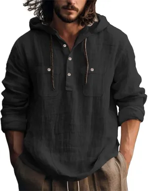 Men's Cotton Linen Shirts Lightweight Lace Up Long Sleeve Hoodies Summer Casual V Neck T Shirt Thin Breathable Tees