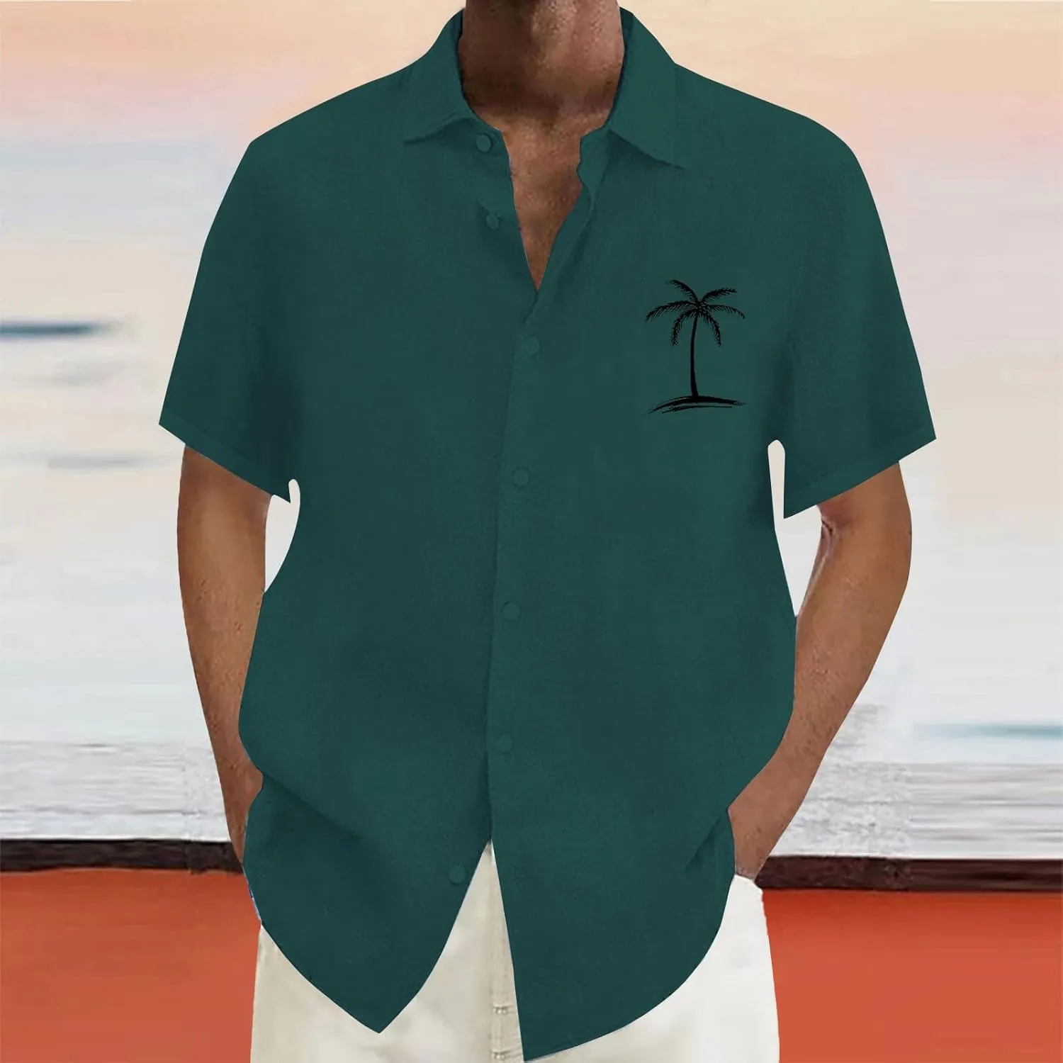 Mens Cotton Linen Shirts Short Sleeve Button Down Shirt Loose Solid Tunic Top Vacation Beach Summer Blouse with Pocket