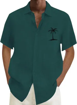 Mens Cotton Linen Shirts Short Sleeve Button Down Shirt Loose Solid Tunic Top Vacation Beach Summer Blouse with Pocket