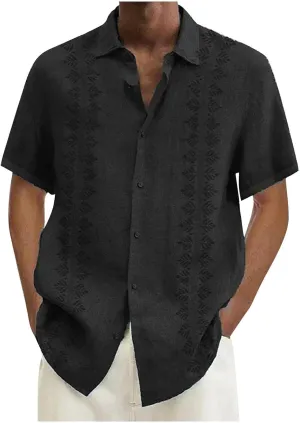 Men's Cuban Guayabera Shirts Vintage Summer Cotton Linen Button Down Short Sleeve Top Lightweight Beach Wedding Shirts