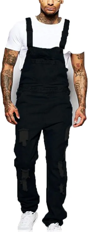 Men's Denim Bib Overalls Blue Loose fit Overalls Holes Ripped Jumpsuits Ripped Hole Slim Jumpsuit with Pockets