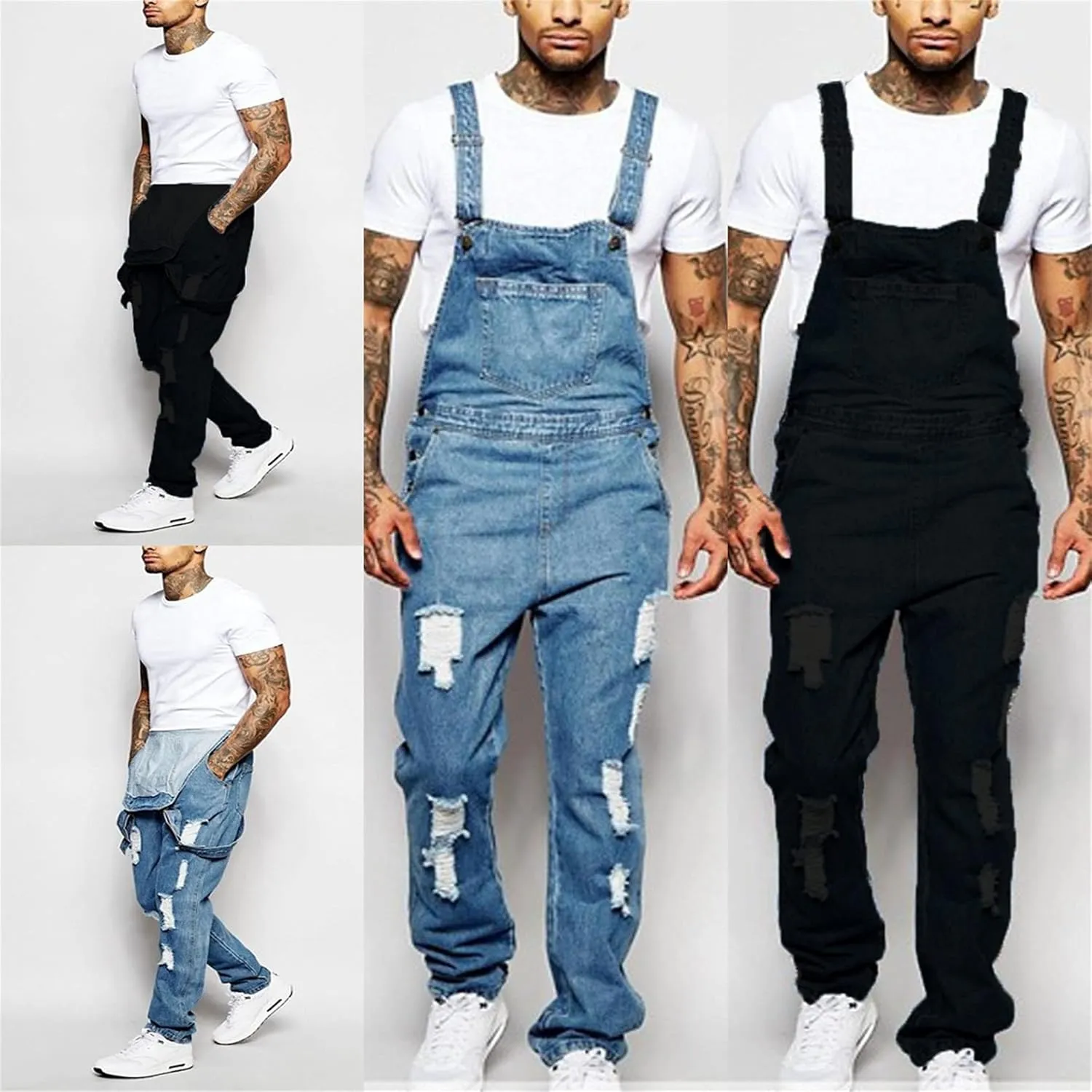 Men's Denim Bib Overalls Blue Loose fit Overalls Holes Ripped Jumpsuits Ripped Hole Slim Jumpsuit with Pockets