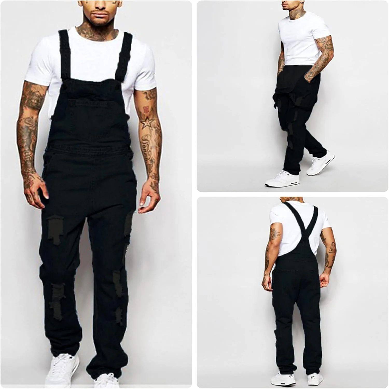 Men's Denim Bib Overalls Blue Loose fit Overalls Holes Ripped Jumpsuits Ripped Hole Slim Jumpsuit with Pockets