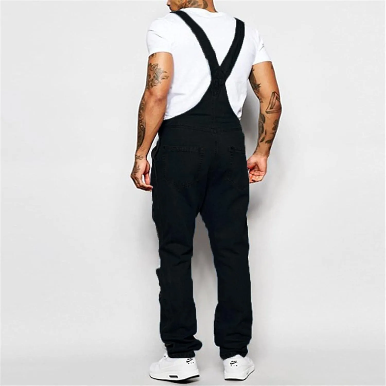 Men's Denim Bib Overalls Blue Loose fit Overalls Holes Ripped Jumpsuits Ripped Hole Slim Jumpsuit with Pockets