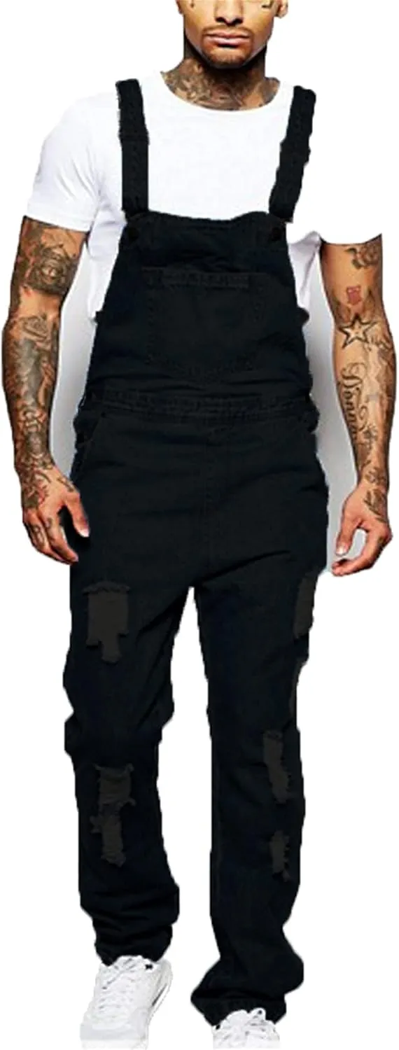Men's Denim Bib Overalls Blue Loose fit Overalls Holes Ripped Jumpsuits Ripped Hole Slim Jumpsuit with Pockets