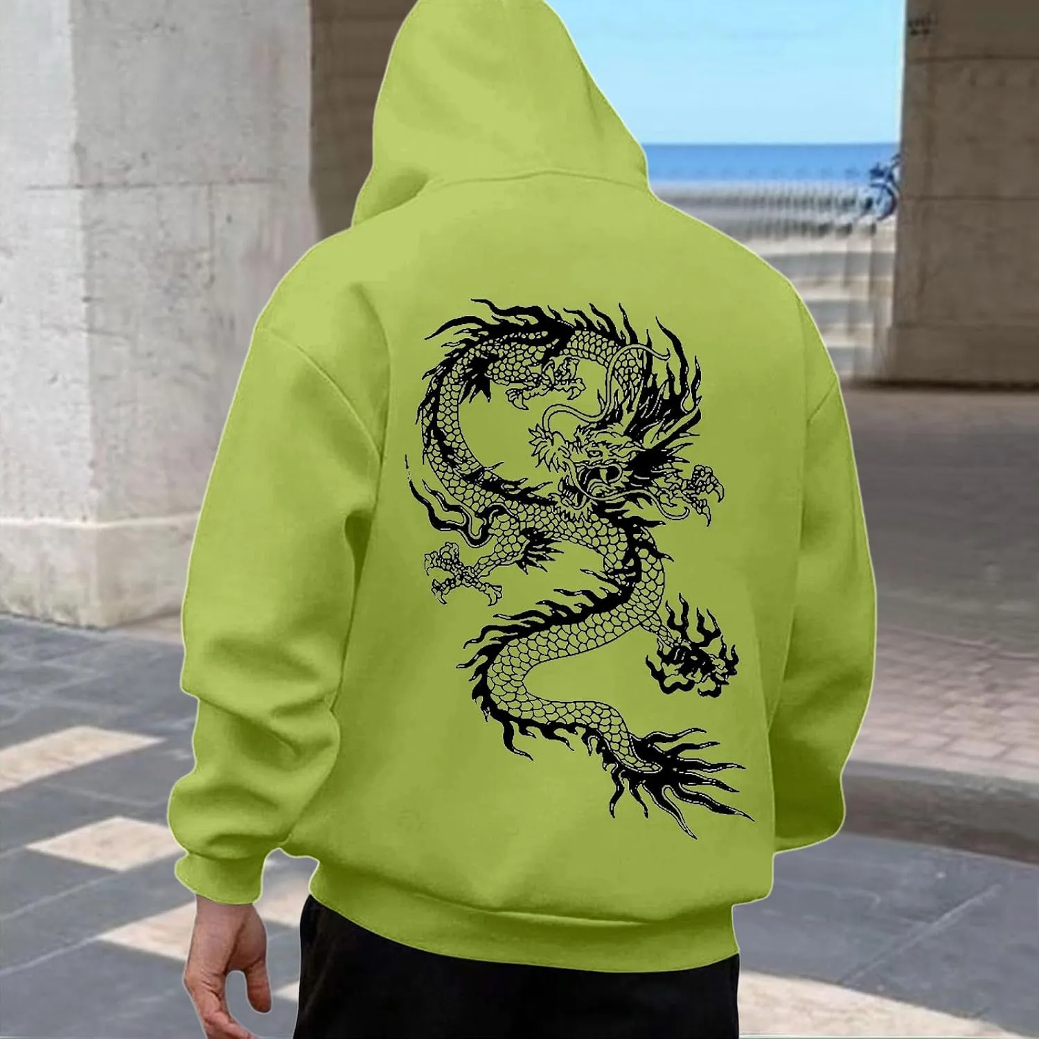 Men's Dragon Graphic Oversized Hoodies, Casual Loose Sweatshirt