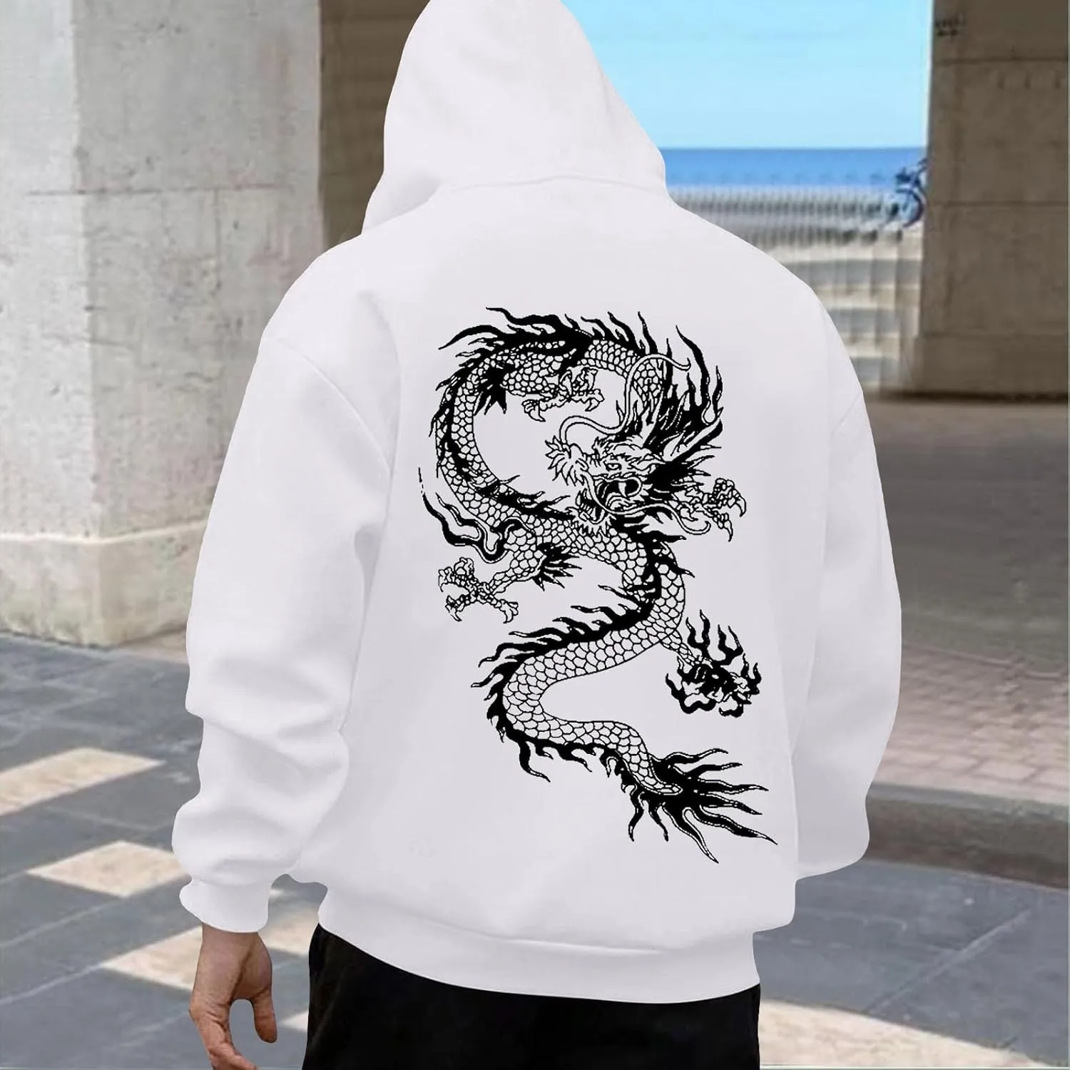 Men's Dragon Graphic Oversized Hoodies, Casual Loose Sweatshirt