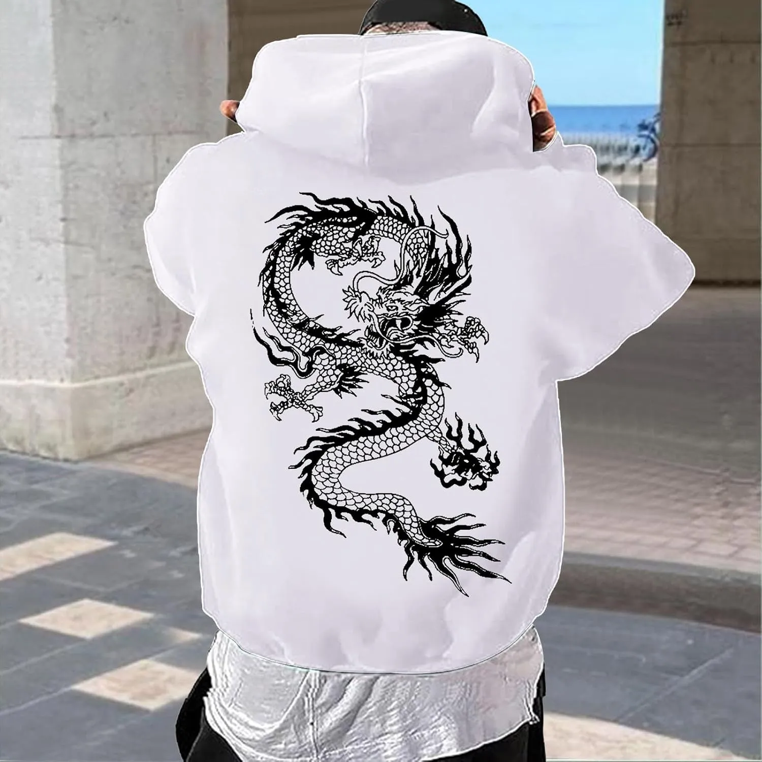 Men's Dragon Graphic Oversized Hoodies, Casual Loose Sweatshirt