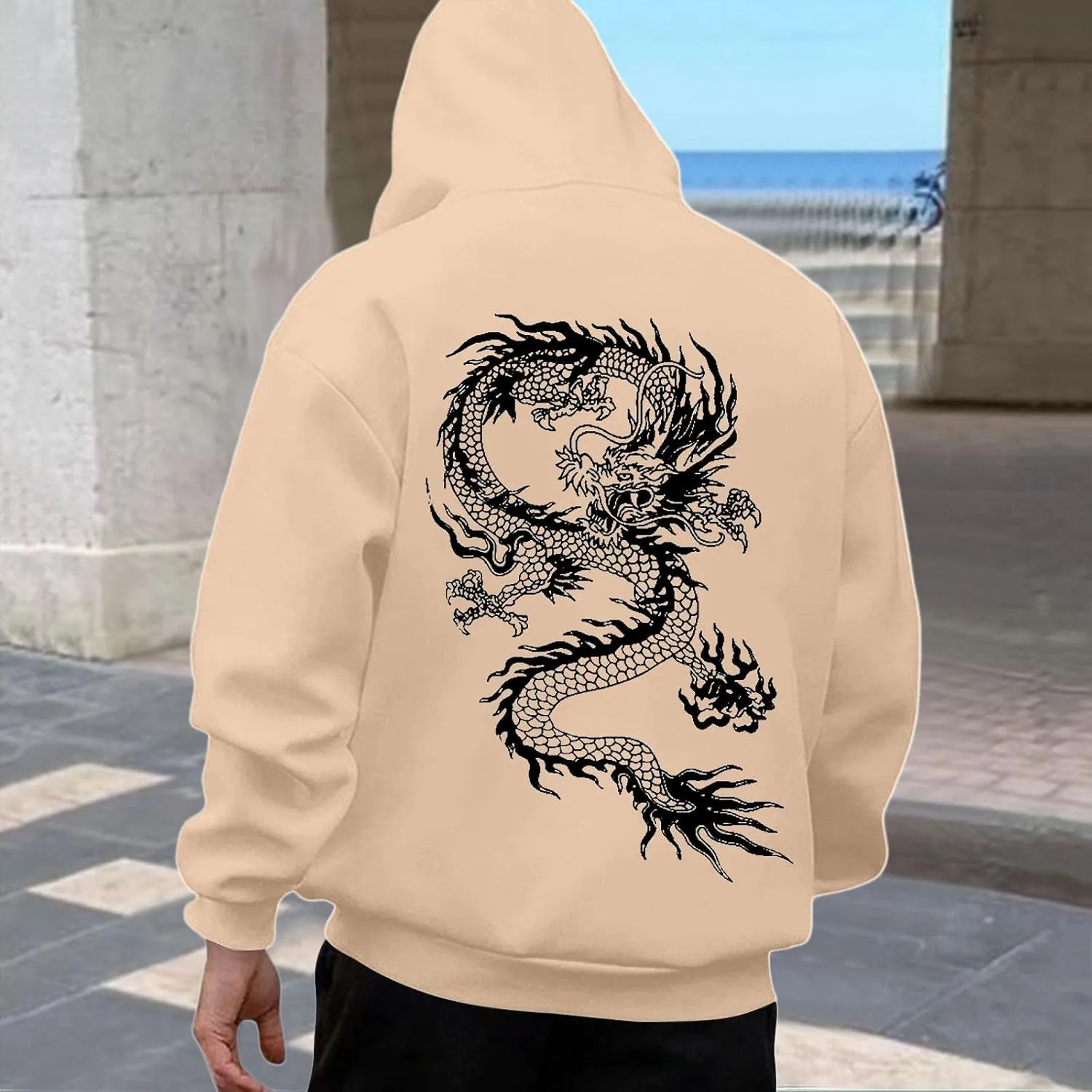 Men's Dragon Graphic Oversized Hoodies, Casual Loose Sweatshirt