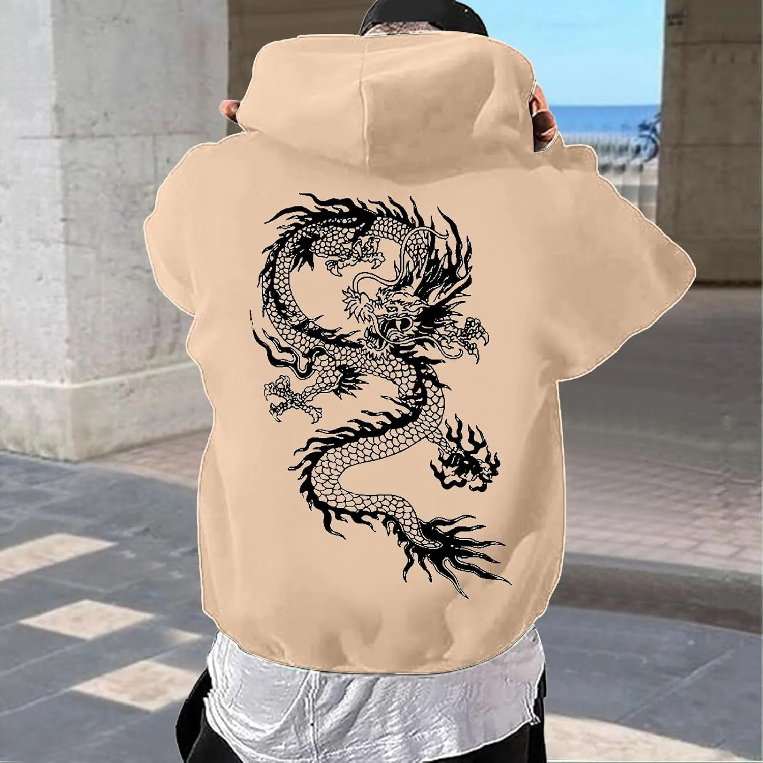 Men's Dragon Graphic Oversized Hoodies, Casual Loose Sweatshirt